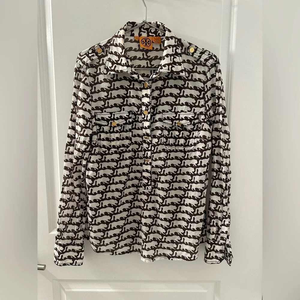 Tori Burch Women’s Long Sleeve Blouse | Brown White |‎ 12